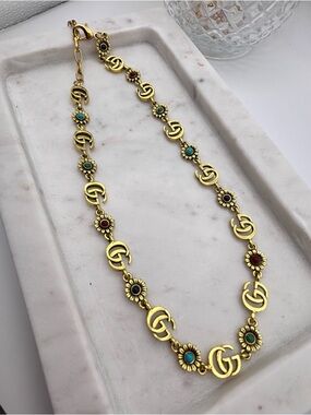 Gold-Tone Floral Link Necklace with Multicolor Accents